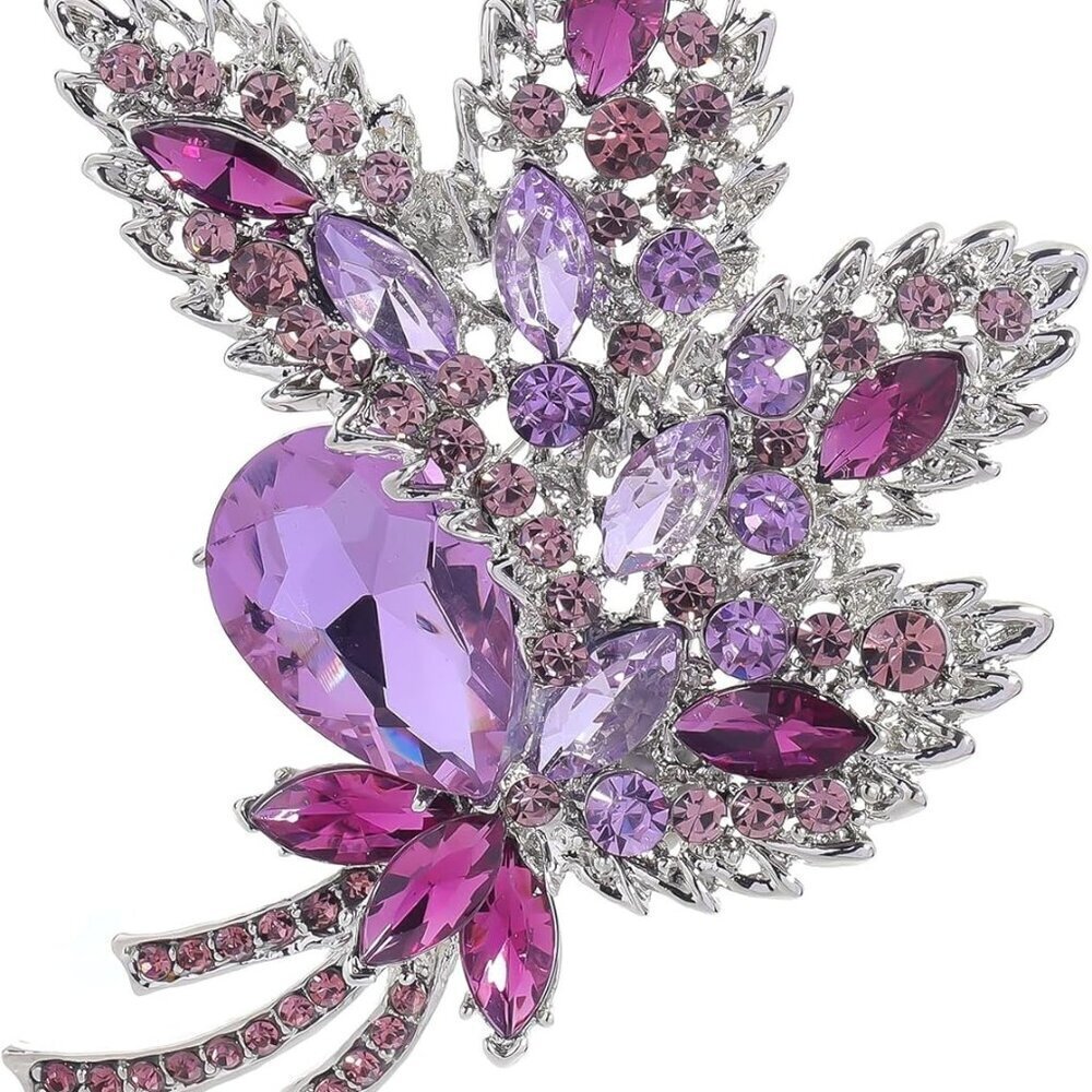 Large Crystal Leaf Brooch Pin Silver-Plated Rhinestone Bouquet for Women